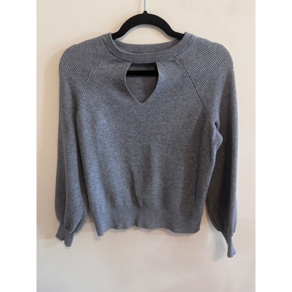 Anthropologie Gray Keyhole Knit Sweater Elevated Cozy Chic Balloon Sleeve Ribbed